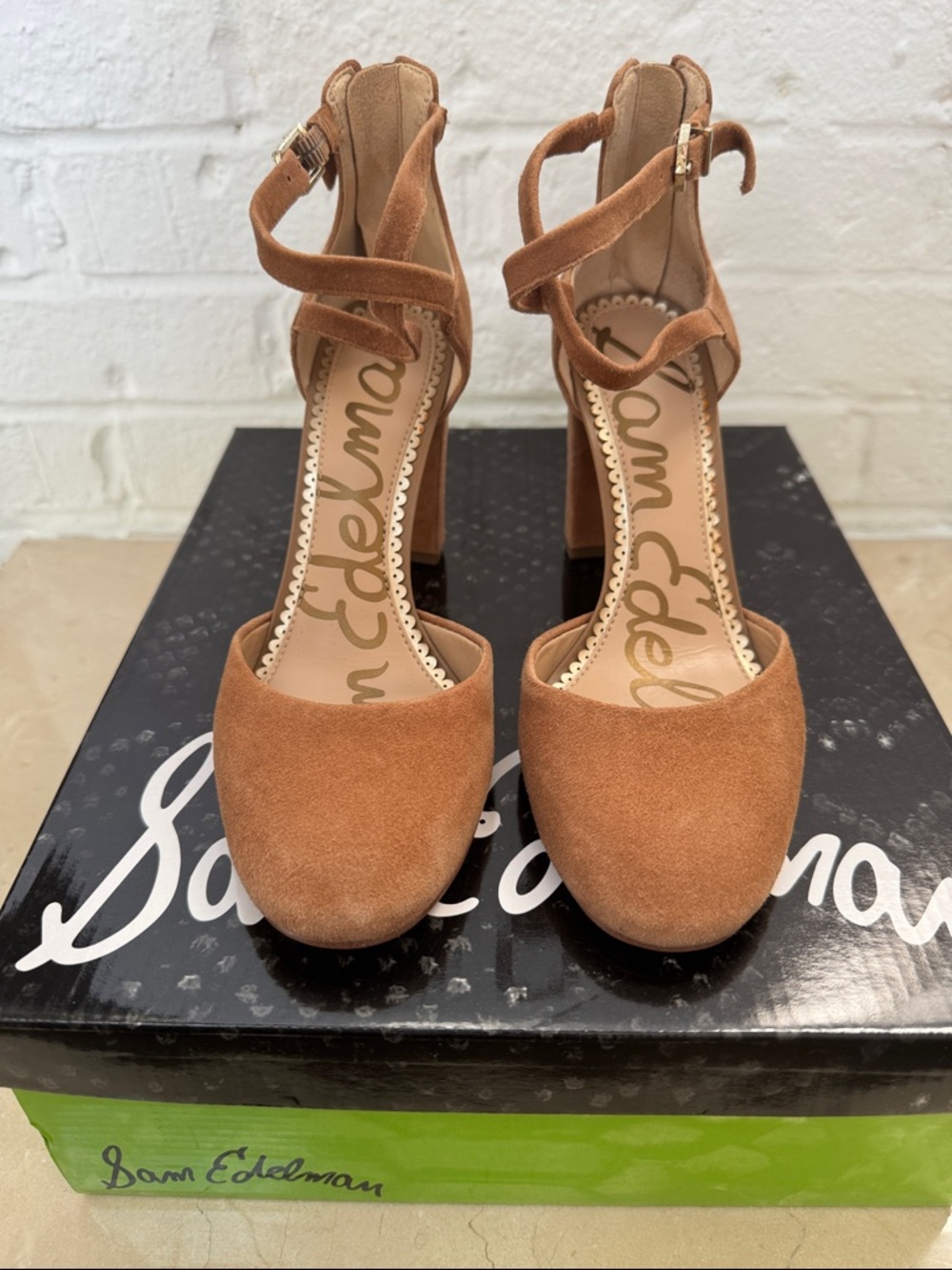 Sam Edelman “Simmons” Camel Suede Ankle-Strap with Block Heels